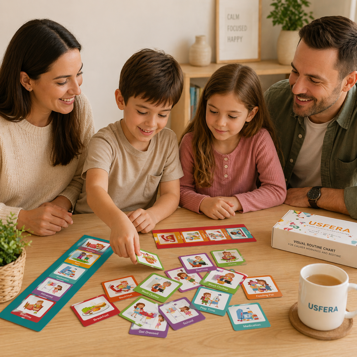 Children arranging visual routine cards on a table while a parent gently guides them, creating a calm and structured screen-free moment at home.