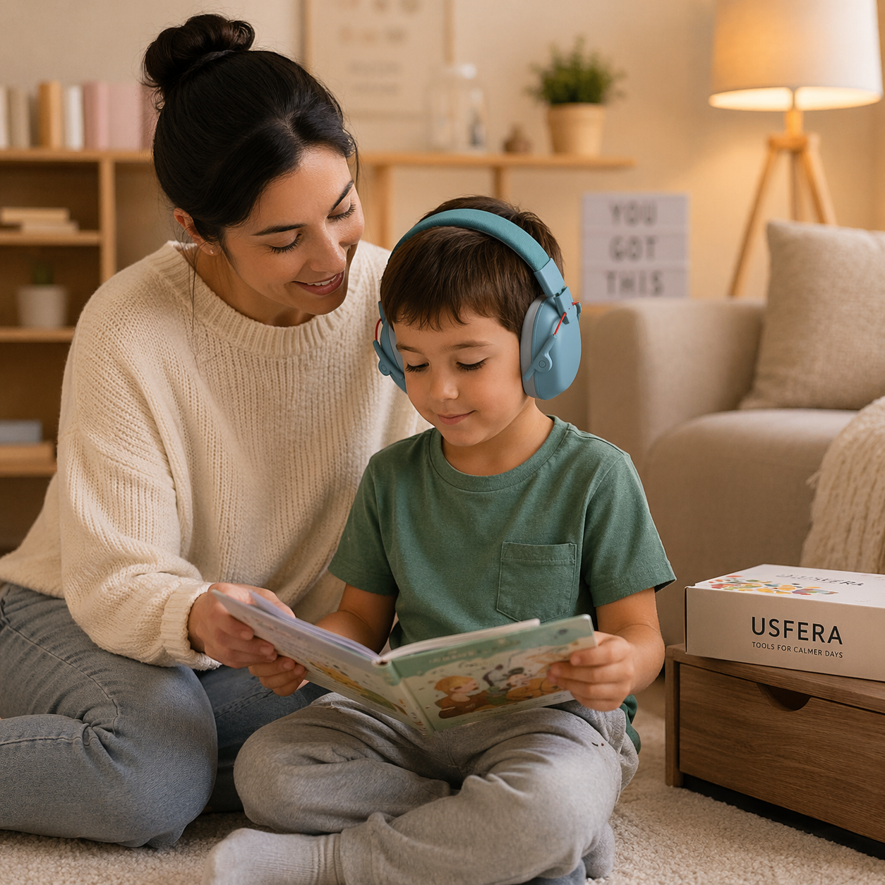 Child wearing soft blue earmuffs reading a book with a parent in a calm, cozy living room, with a subtle USFERA-branded box nearby, creating a peaceful, low-stimulation environment.