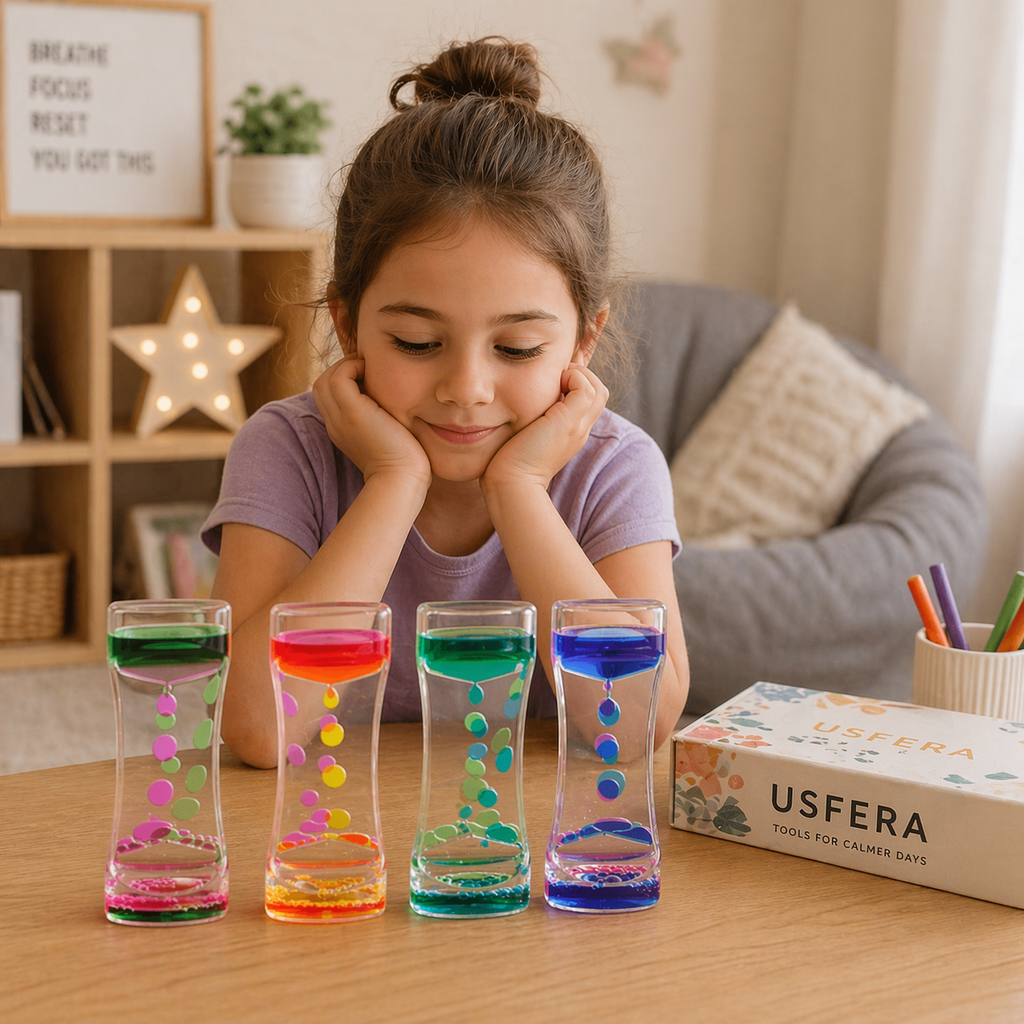 Child calmly watching colorful liquid motion timers on a wooden table in a cozy room, with a subtle USFERA-branded box nearby, creating a quiet, soothing reset moment.