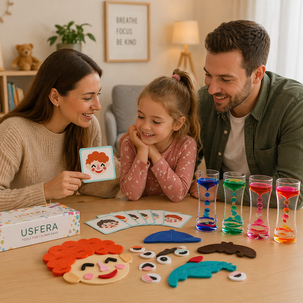 Family sitting together at a wooden table, using a feelings face game and liquid motion timers to support calm conversations, with a subtle USFERA-branded box nearby in a warm, cozy home setting.
