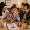 Calm indoor family moment with parents and children using a colorful expandable breathing ball together, promoting relaxation and screen-free connection; soft natural lighting, cozy neutral room, and a nearby book with subtle “USFERA” branding.