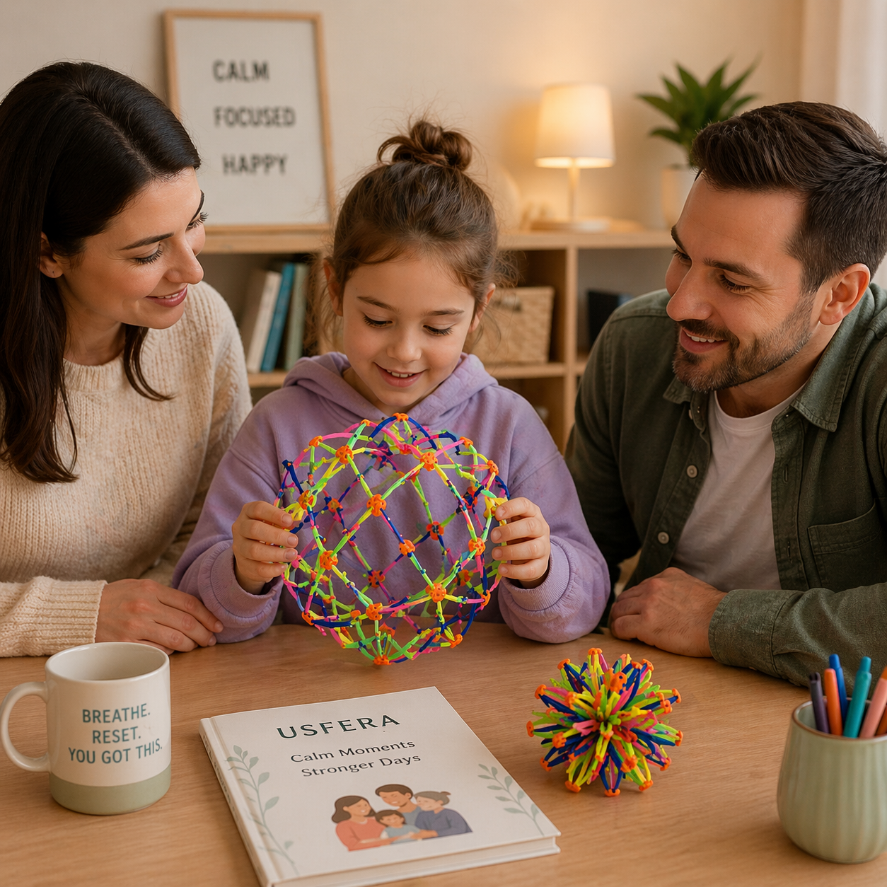 Calm indoor family moment with parents and children using a colorful expandable breathing ball together, promoting relaxation and screen-free connection; soft natural lighting, cozy neutral room, and a nearby book with subtle “USFERA” branding.
