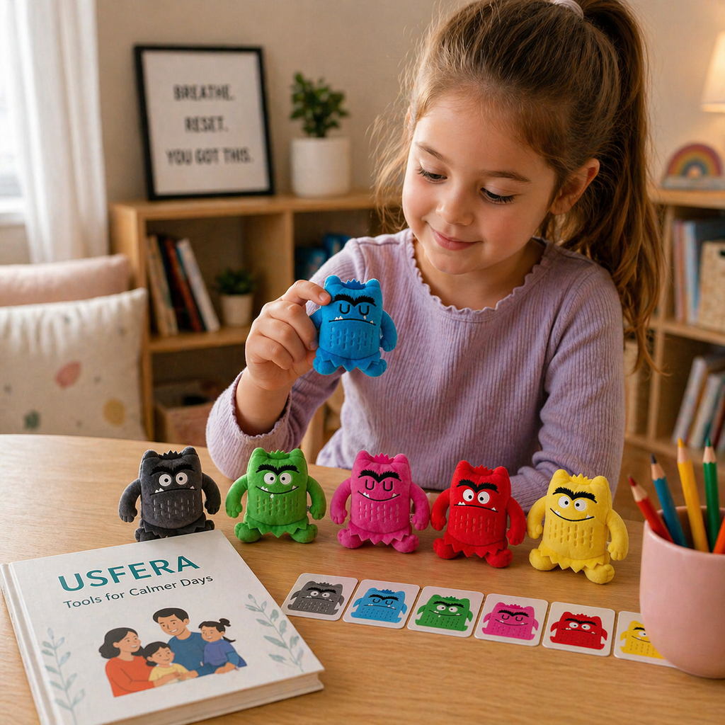 Plush emotion monsters set on a wooden table with a child playing, used for calm emotional check-ins and screen-free connection, with a subtle USFERA book in the background
