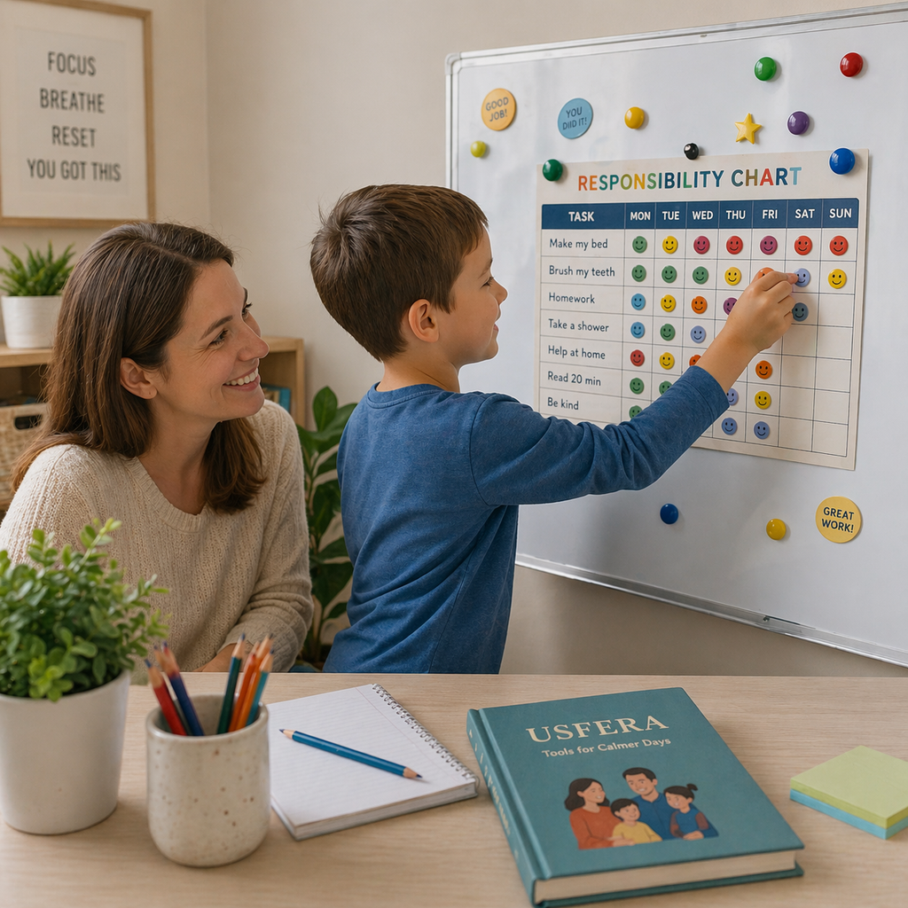 Mother and child using a responsibility chart on a whiteboard, building calm daily routines together in a cozy home setting, with a USFERA book placed on the table