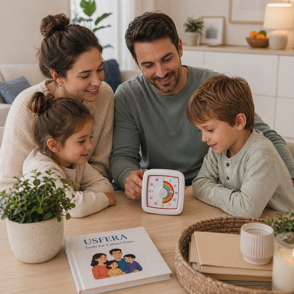Family gathered around a visual timer at a wooden table, using it to support calm routines and screen-free transitions, with a USFERA book placed nearby in a warm, cozy home setting