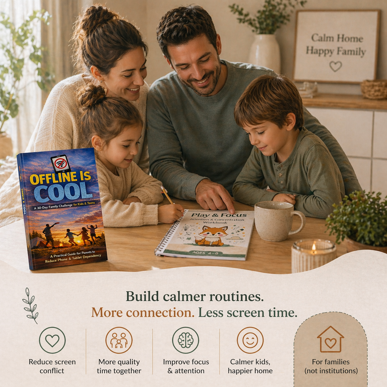 Family using screen-free routine workbook and 30-day reset guide for calmer home and better focus