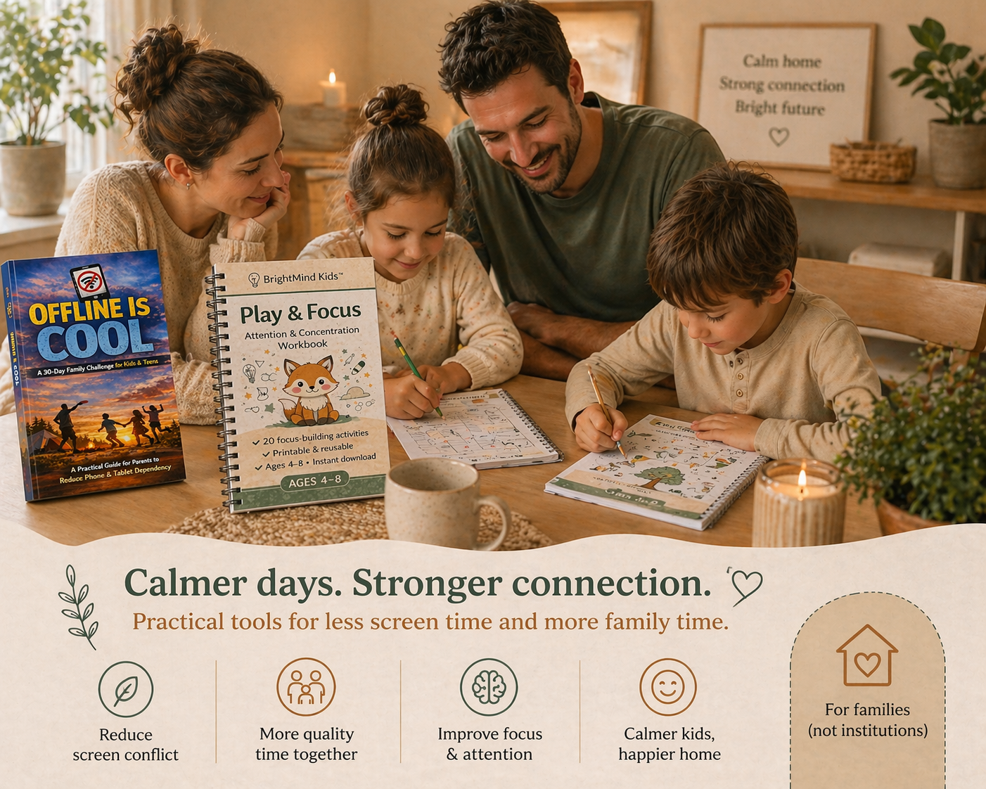 family using screen-free workbook and 30-day reset guide at a cozy table for calmer routines and better focus