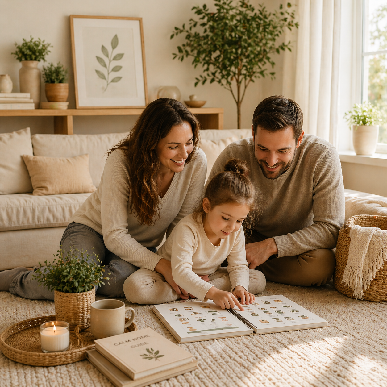 family sitting together at home using a workbook to build calm routines and reduce screen time in a warm, cozy environment