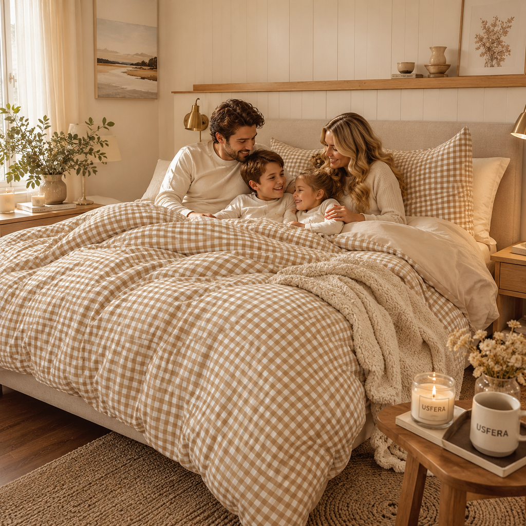 Beige gingham duvet cover set folded and tied with ribbon on a neutral bed beside elegant Usfera home styling accents.