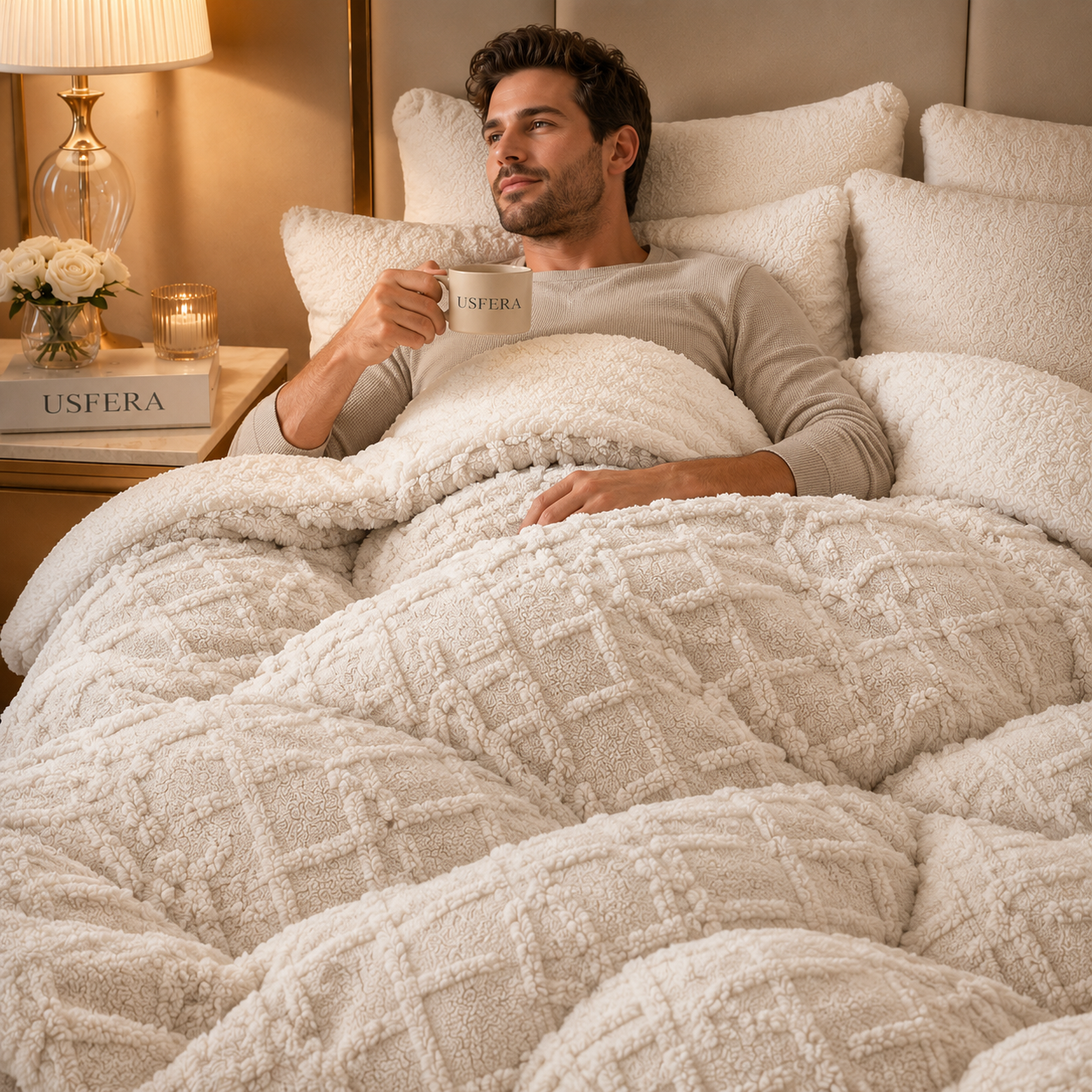 Man resting with coffee under an ivory textured weighted blanket in a calm luxury bedroom setting