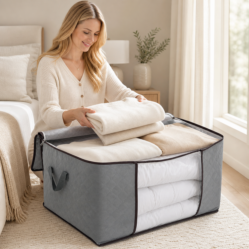 Blonde mother and young daughter organizing blankets together with a gray fabric storage bag in a calm minimalist bedroom.