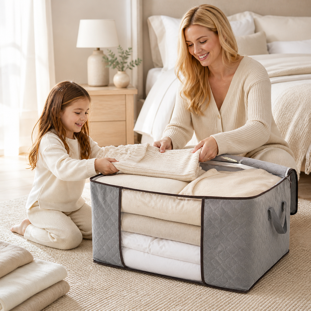 Mother and daughter using a quilted fabric storage bag to neatly organize blankets in a soft neutral family bedroom.