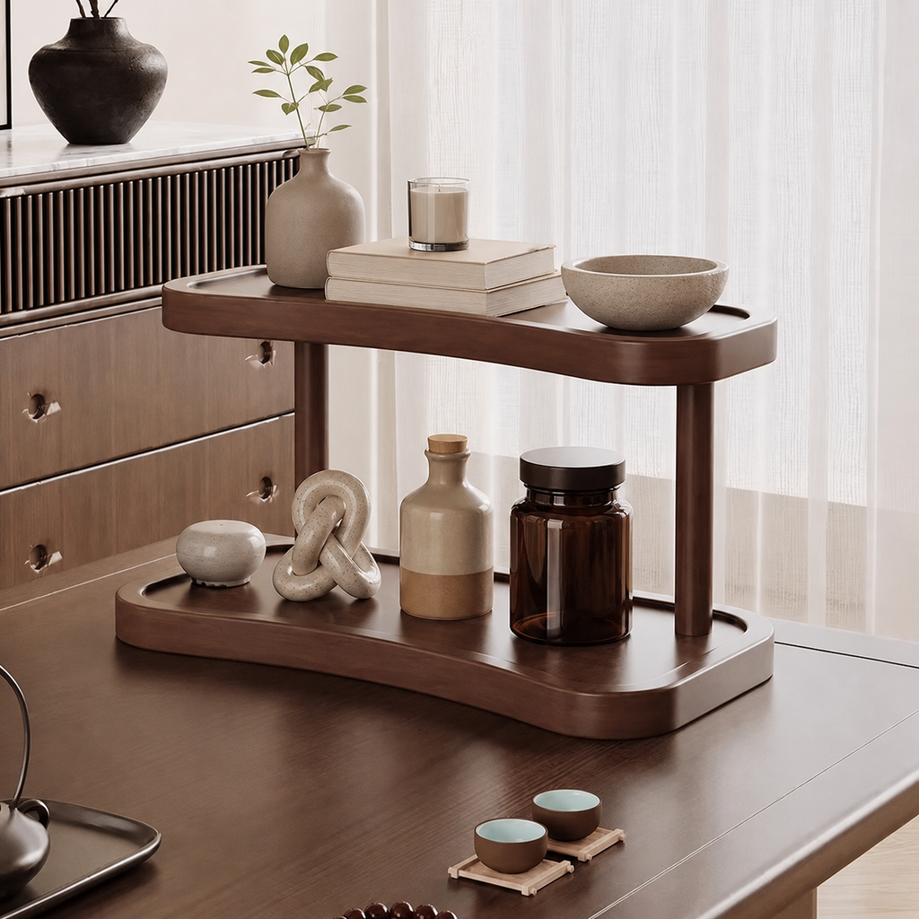 Premium wooden nightstand organizer for calmer evening routines with a couple in a warm beige bedroom