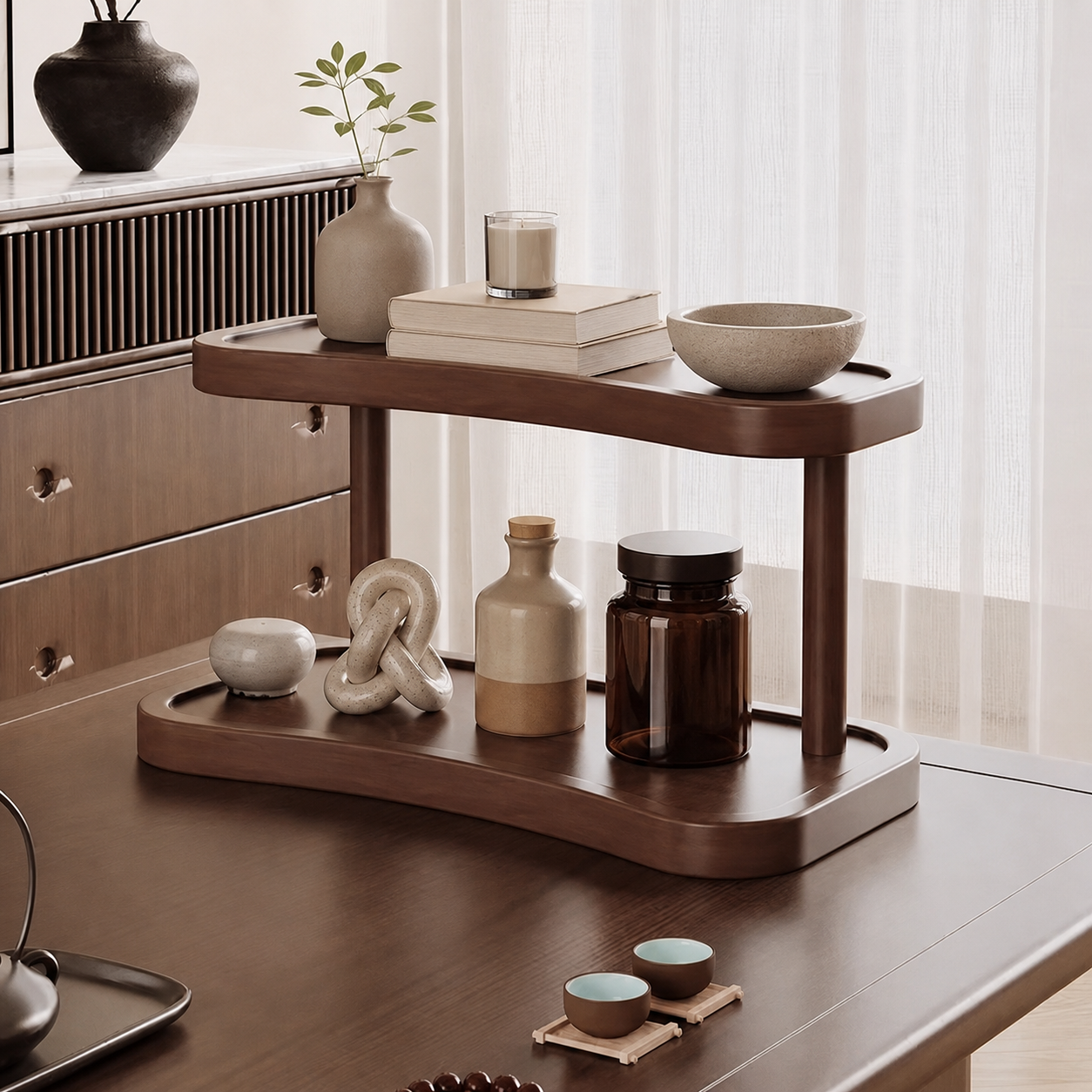 Premium wooden nightstand organizer for calmer evening routines with a couple in a warm beige bedroom