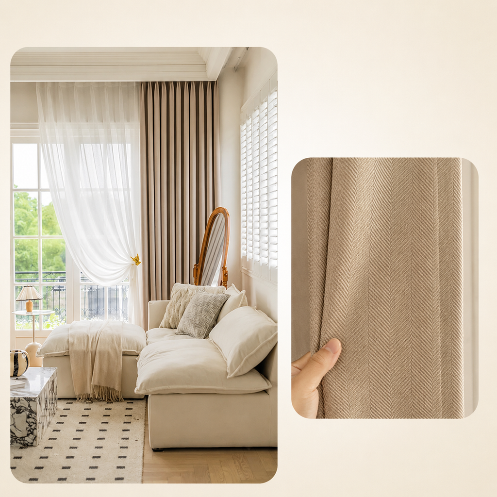 Luxury chenille curtain panel in warm beige styled in an elegant calm living room with soft natural light and premium neutral decor