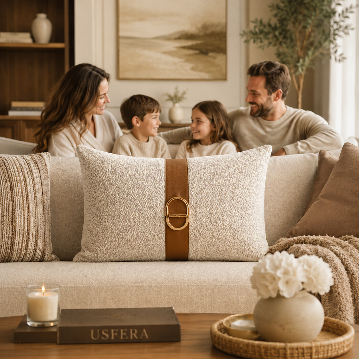 Beige decorative lumbar pillow cover styled in a premium family living room with neutral decor and USFERA branding on a separate object
