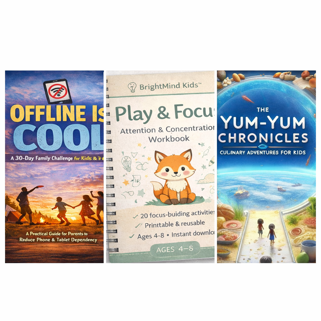 Family Reset Educational Bundle featuring Offline Is Cool 30-Day Challenge, Play & Focus Workbook for kids, and The Yum-Yum Chronicles cooking guide for families.