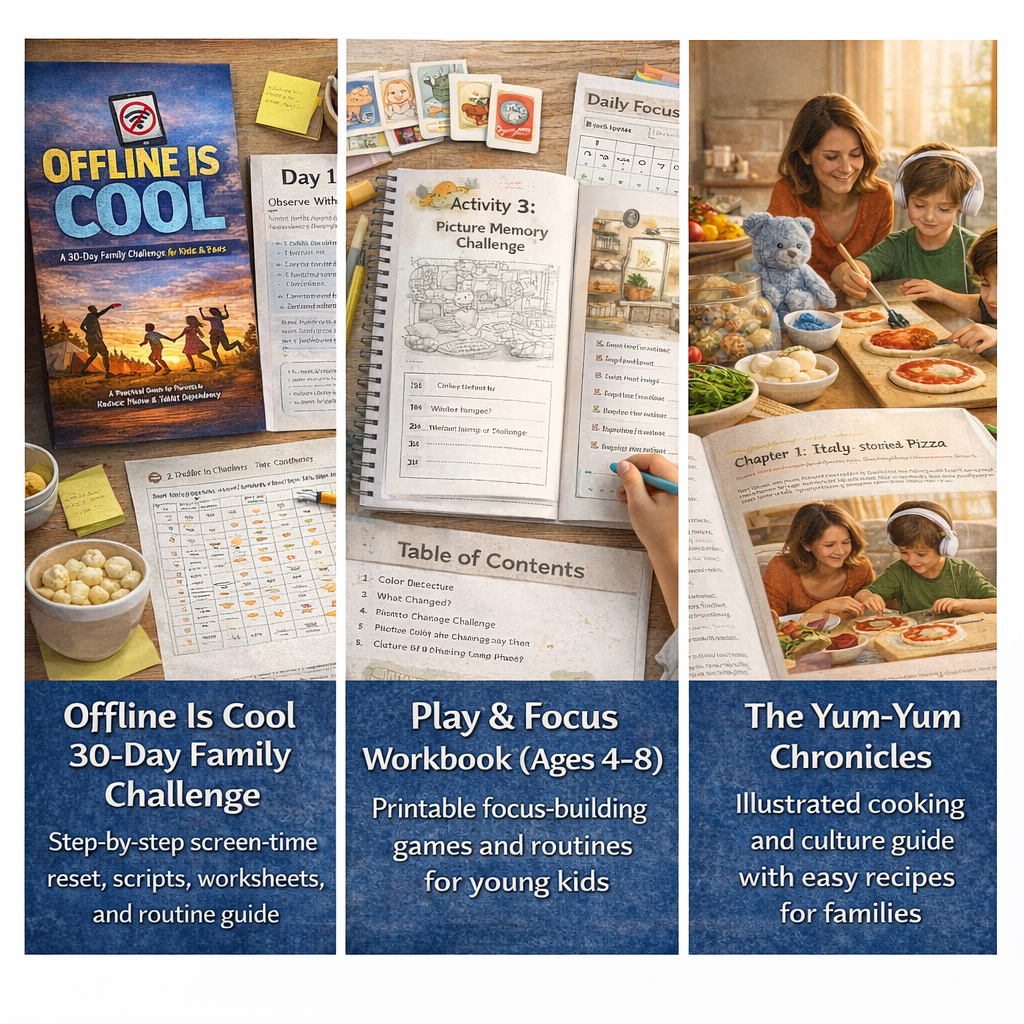 Play & Focus Workbook interior pages showing printable attention and concentration activities for children ages 4–8.