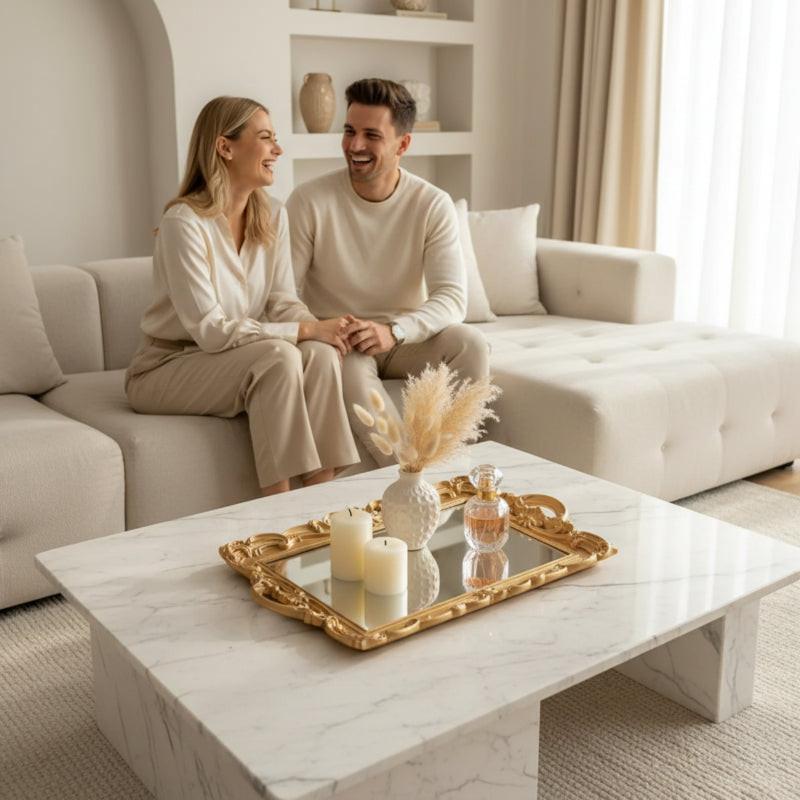 Gold baroque mirror tray as coffee table centerpiece in luxury living room — Usfera home decor
