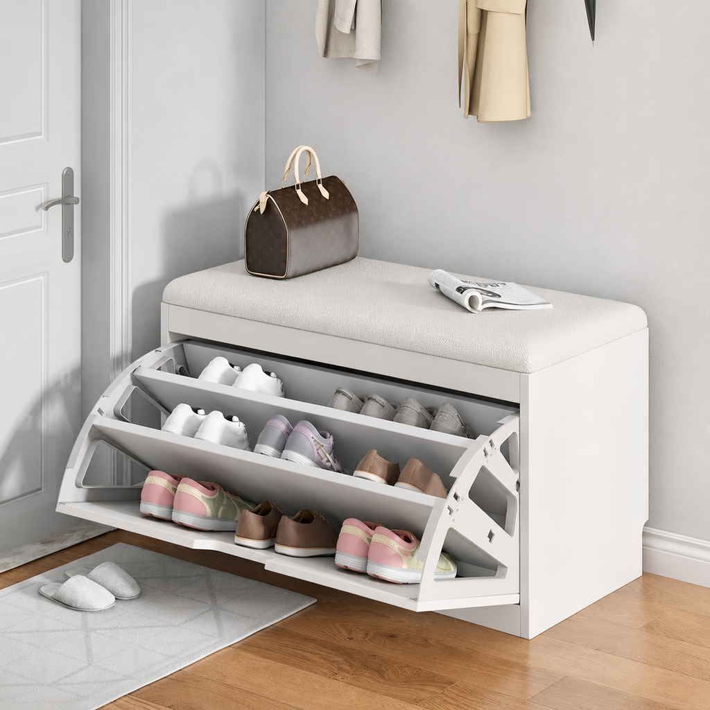 White shoe storage bench with cushioned seat and pull-down shelves in a clean neutral entryway