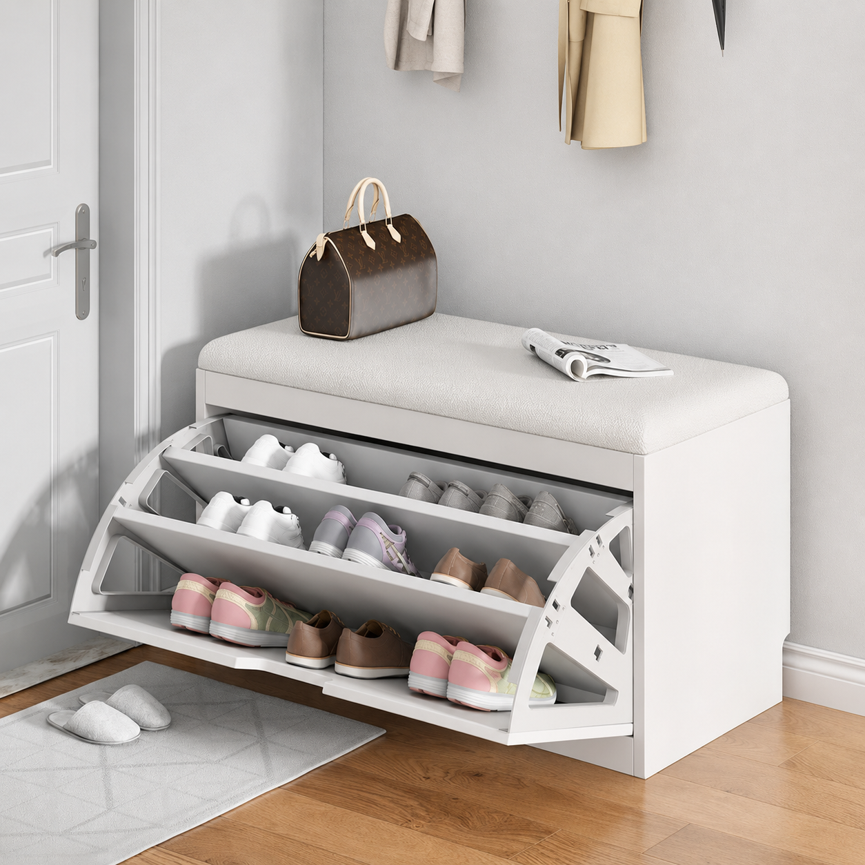 White shoe storage bench with cushioned seat and pull-down shelves in a clean neutral entryway