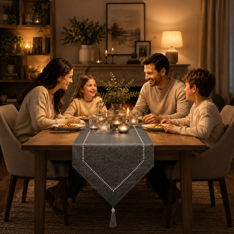 Family gathered around dining table with charcoal linen table runner, warm golden light, cozy home interior
