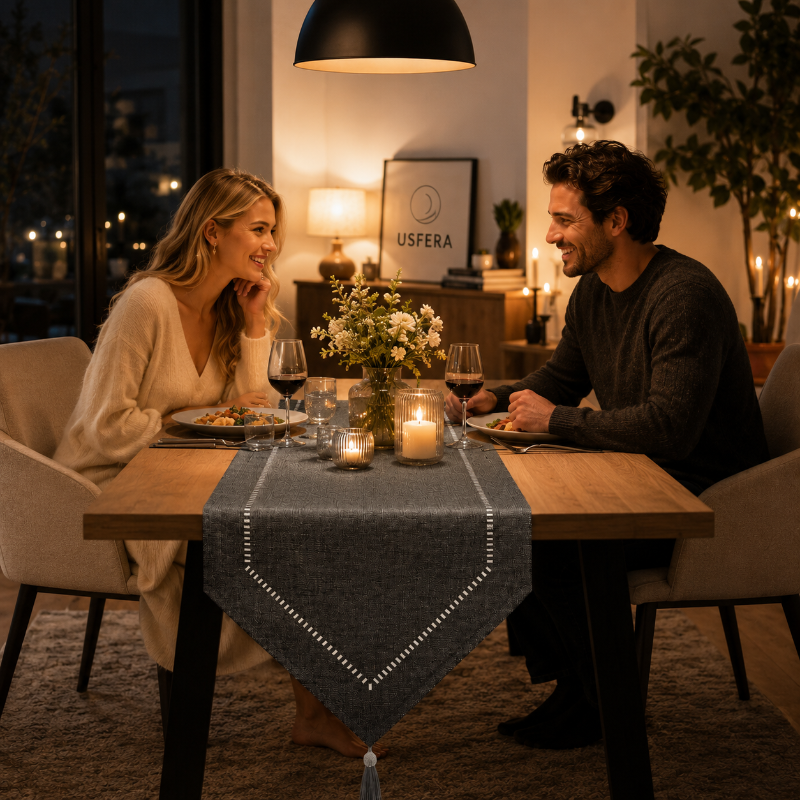 Charcoal linen table runner with hemstitch border on wooden dining table, family dinner setting with candles and ceramic tableware
