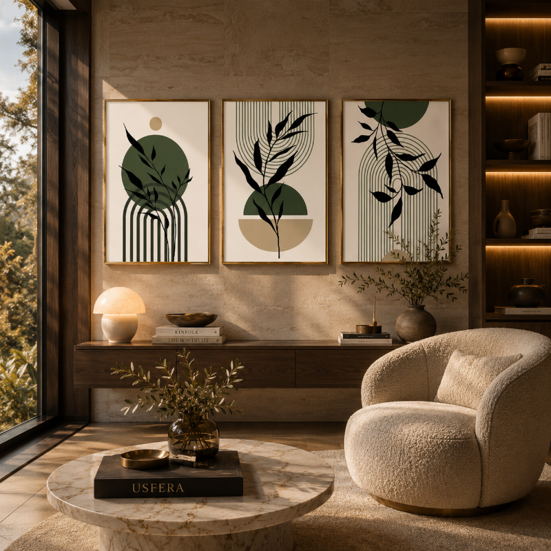 Sage Green Botanical Wall Art Set of 3 in gold frames on dark wall, luxury living room with cream sectional sofa, marble coffee table and botanical accents