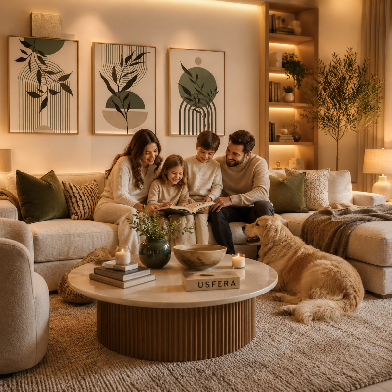 Sage Green Botanical Wall Art Set – 3 piece gallery wall in cozy family living room, mid-century modern boho prints

