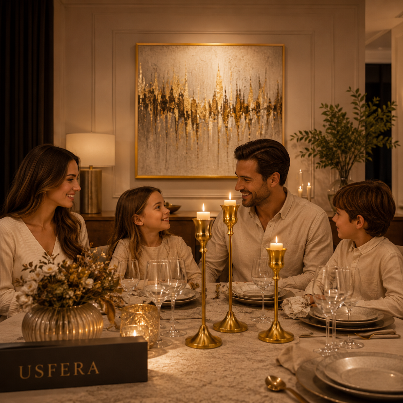 Gold metal candlestick holders set of 3 with graduated heights on elegant dining table, warm candlelight glow
