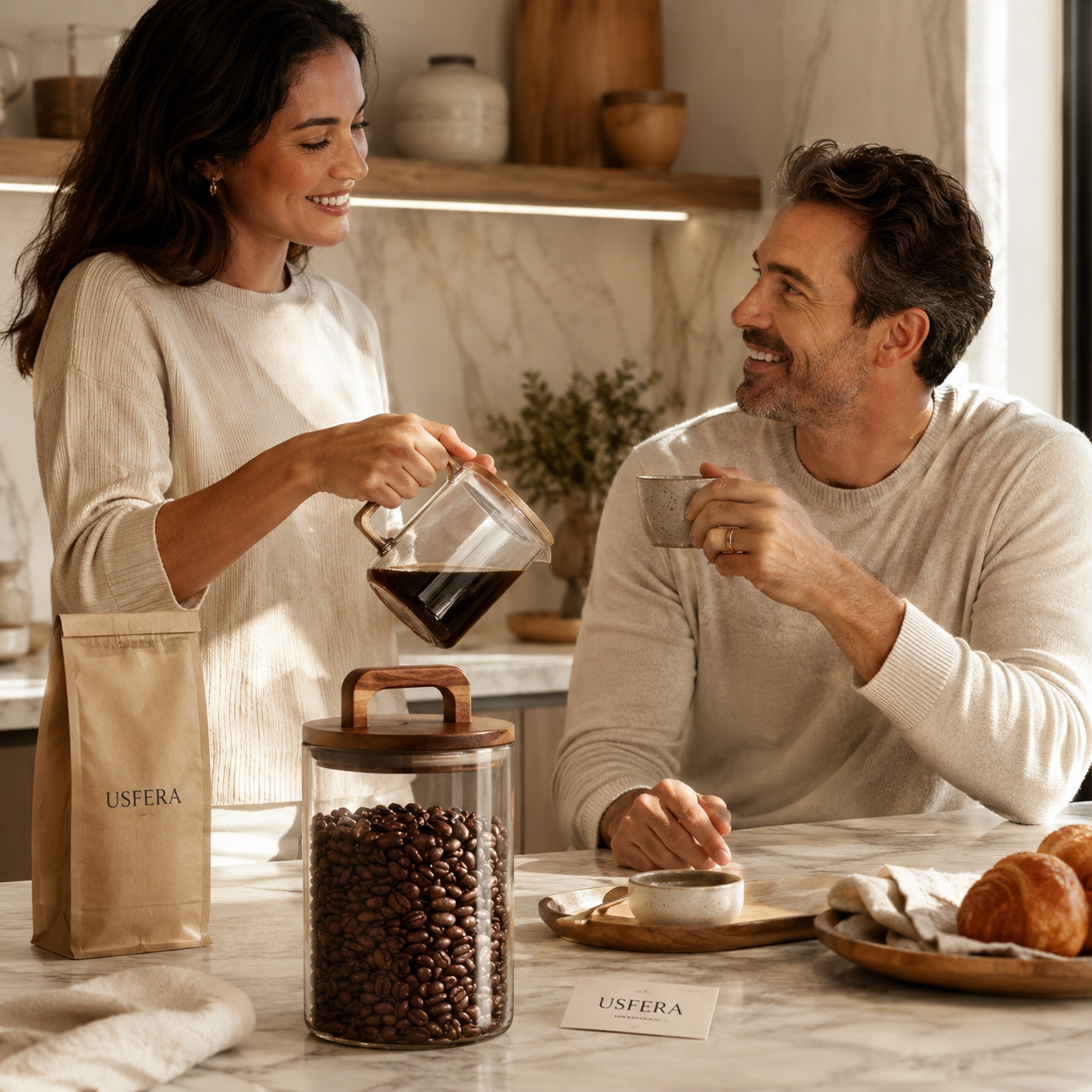 Couple enjoying a calm morning coffee routine with glass coffee bean canister and Usfera kitchen styling