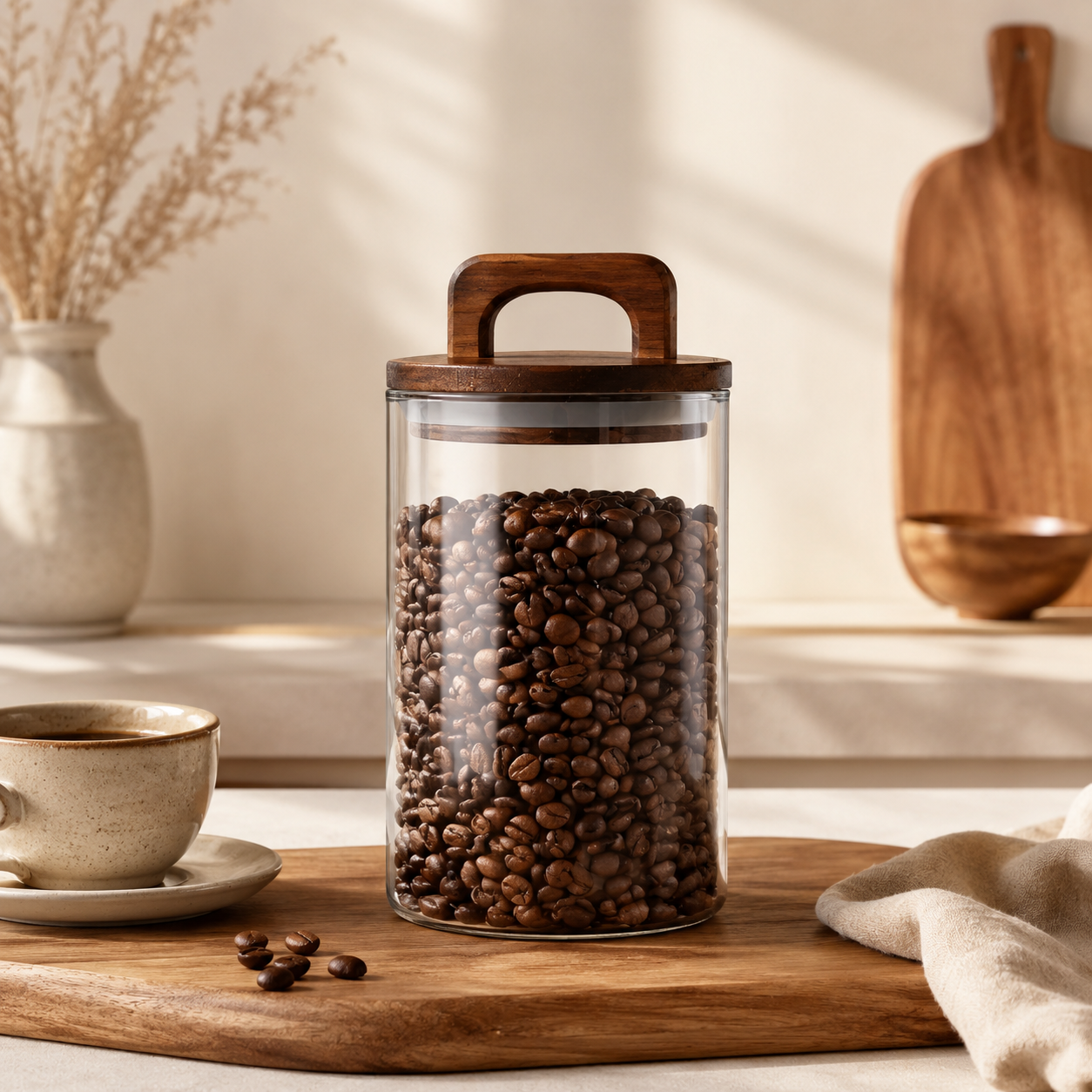 Premium glass coffee storage jar with wooden handle lid for calm kitchen organization and coffee station
