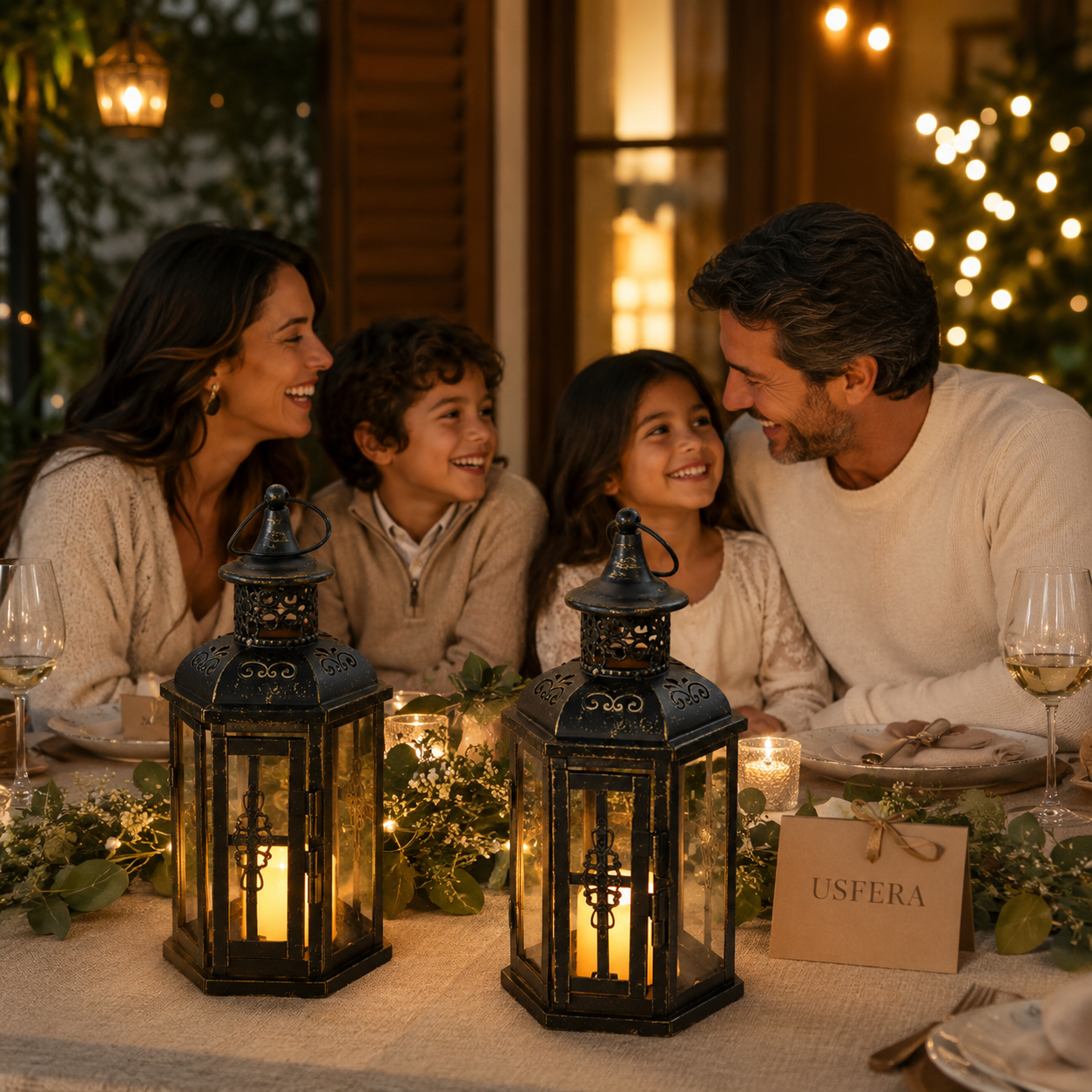 Family enjoying a cozy outdoor dinner with vintage candle lanterns and warm Usfera patio evening decor
