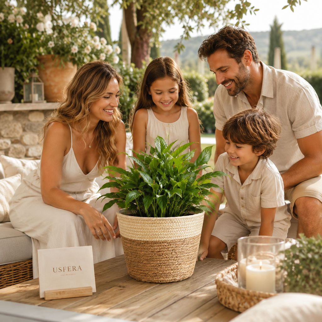 Family styling a natural woven planter basket with greenery on an outdoor patio table for calm luxury garden living