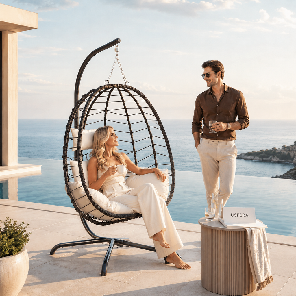Premium wicker hanging egg chair with stand for calm outdoor living, styled in a luxurious patio setting