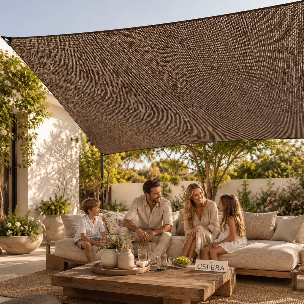 Family relaxing under a brown outdoor shade canopy on a luxury patio with neutral decor and Usfera branding