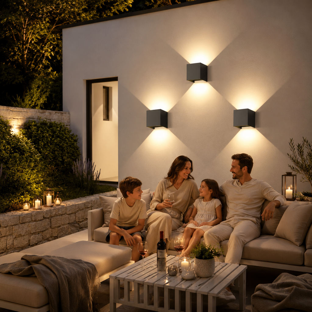 Family relaxing on a premium patio under warm modern outdoor wall lights with calm luxury evening atmosphere