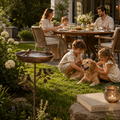 Luxury outdoor family garden scene with vintage metal birdbath, warm patio dining, greenery, and calm backyard decor