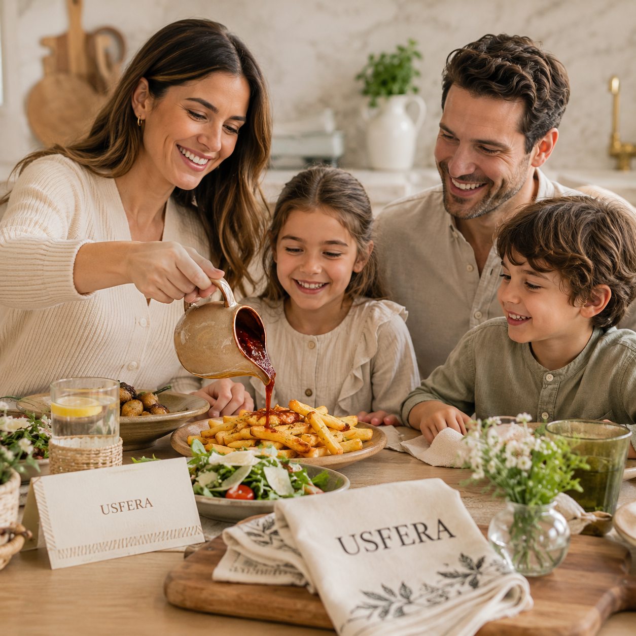 Family dining scene with ceramic sauce pitcher for calm luxury meals and warm Usfera kitchen routines