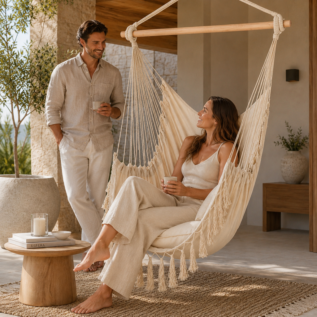 Luxury outdoor terrace scene with white macrame hanging chair, relaxed couple, neutral decor, and warm calm patio styling
