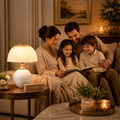 White ceramic-style table lamp beside a smiling family reading together in a warm luxury living room.