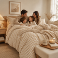 Beige gingham duvet cover set in a warm family bedroom with parents and children enjoying a calm cozy morning.