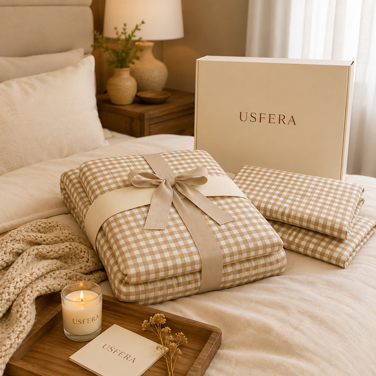 Beige gingham duvet cover set in a bright luxury bedroom with a smiling family and blonde mother relaxing together.