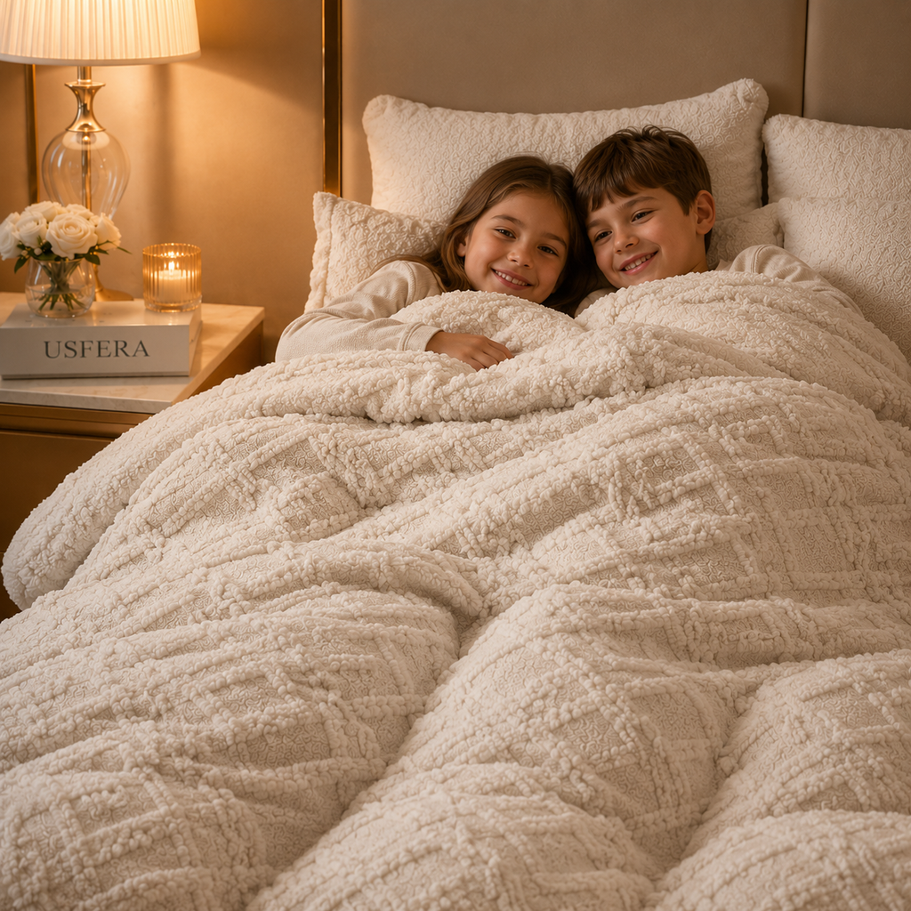 Children smiling under an ivory textured weighted blanket in a warm cozy bedroom with neutral decor