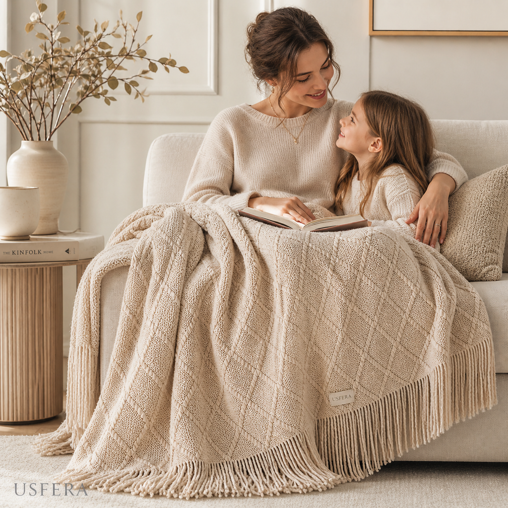 Premium cream Nordic knit throw blanket with tassel edges styled over a cozy sofa for calmer family evenings.