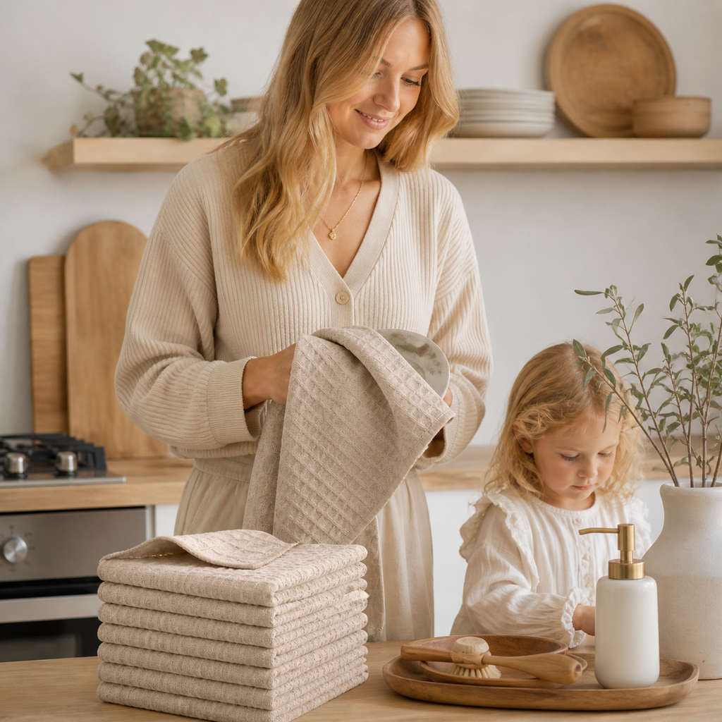Soft neutral kitchen towels with waffle texture for everyday cleaning and drying
