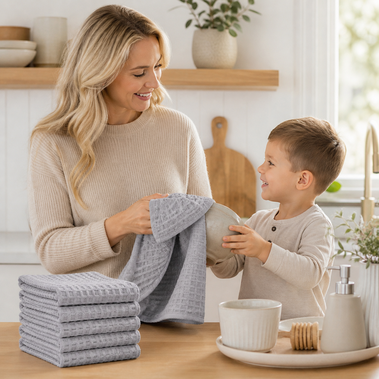 Beige waffle weave kitchen towels folded in a neat stack for a calm and organized kitchen