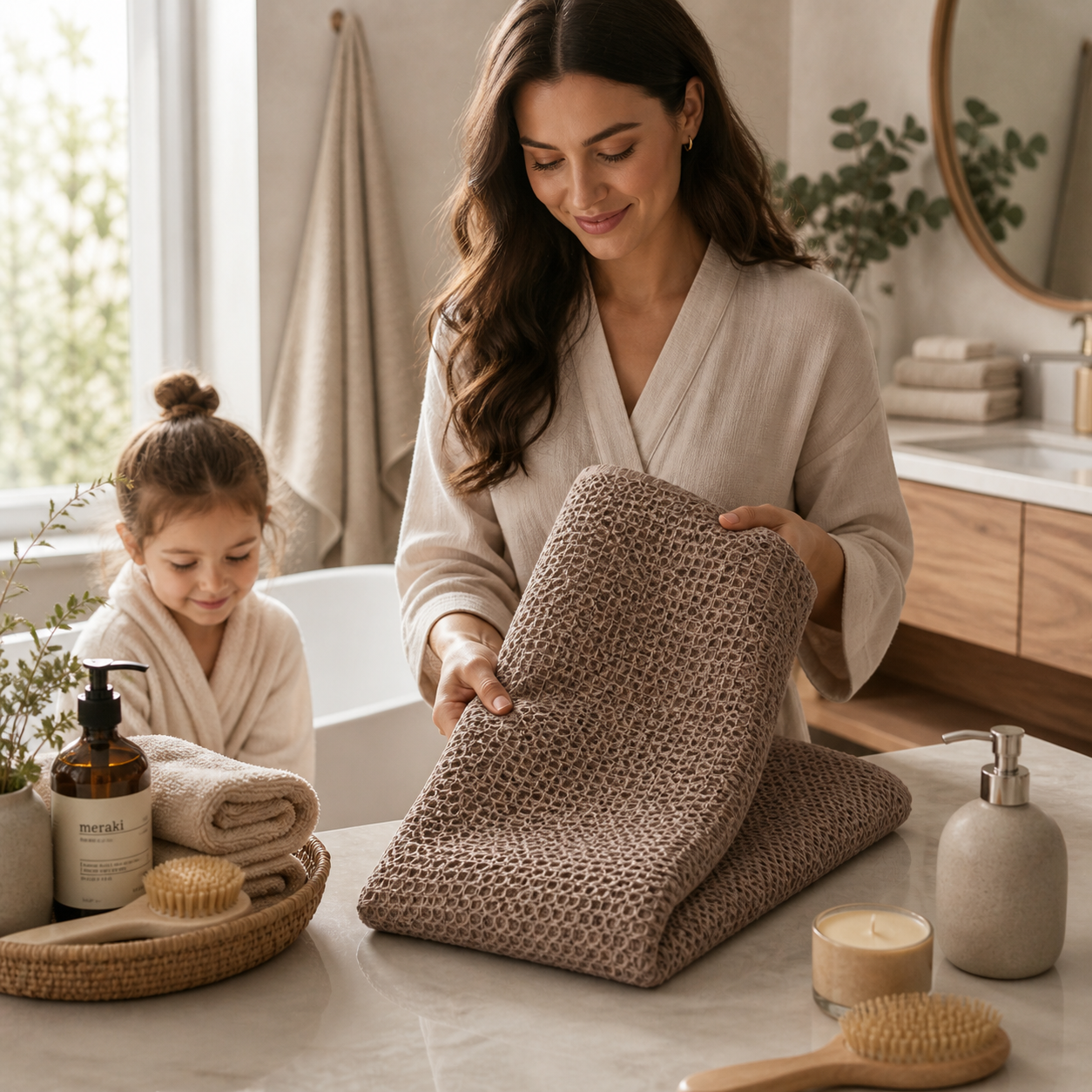 Brunette mother folding a taupe waffle bath towel in a calm spa-style bathroom with soft neutral decor.