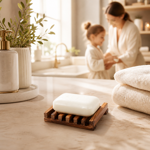 Bamboo soap dish for a calm neutral bathroom routine
