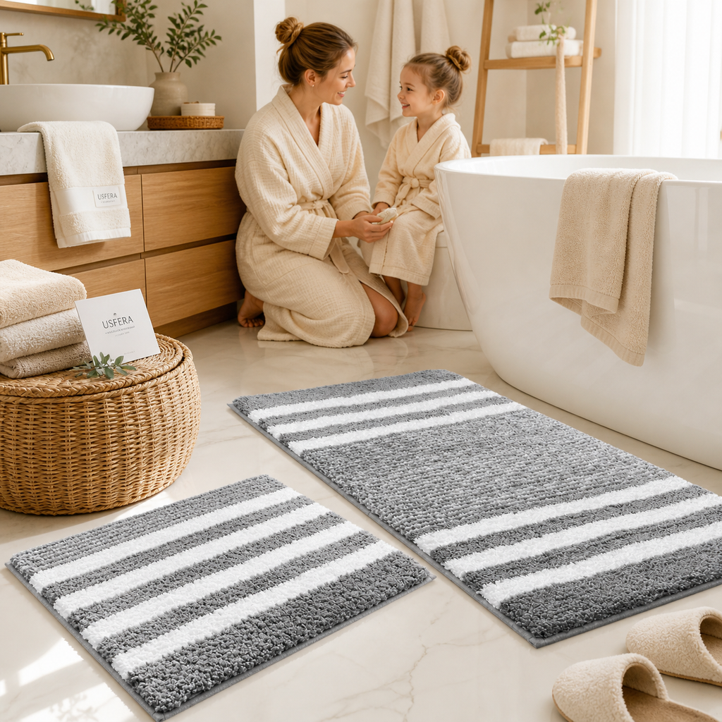 Soft 2-piece bathroom mat set in a warm neutral family bathroom